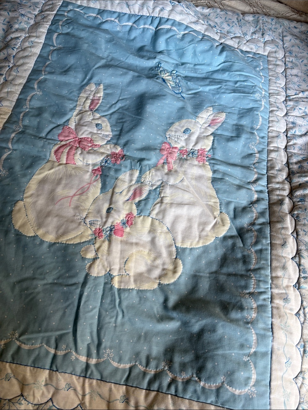 Vintage quilted baby blanket bunnies and butterfly